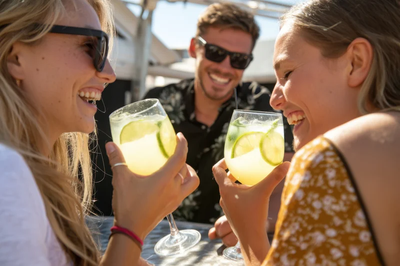 Two women laughing and toasting with lime cocktails at an outdoor bar