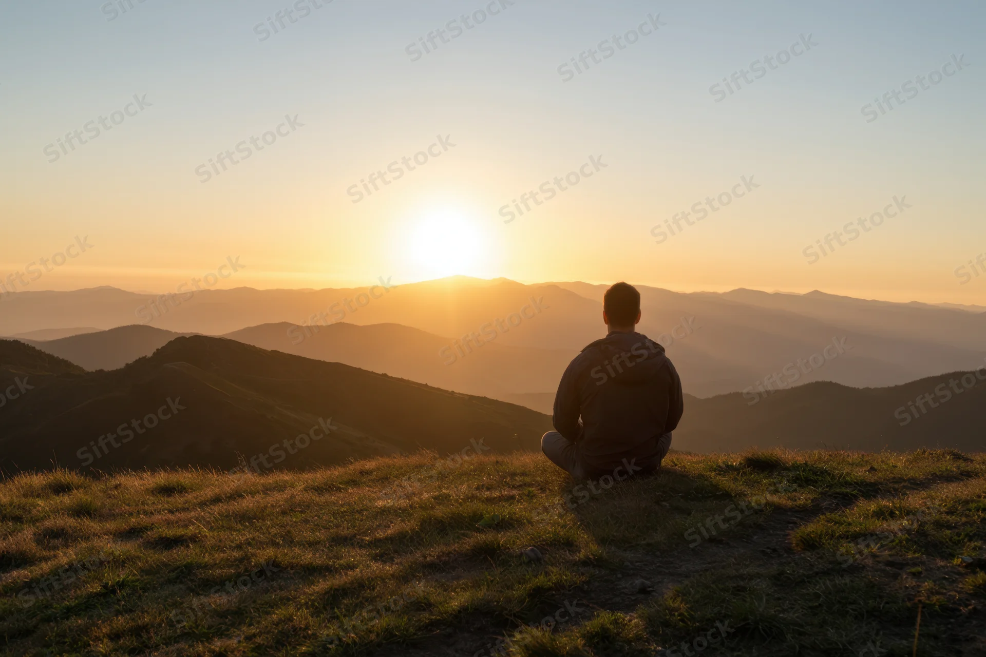 Man meditating in silhouette on a mountain ridge at sunrise