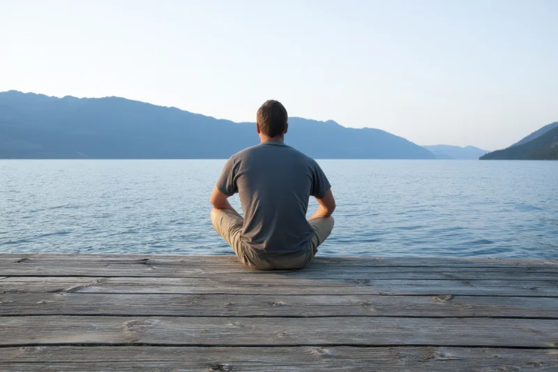 Man sitting cross-legged on wooden dock facing lake and mountains