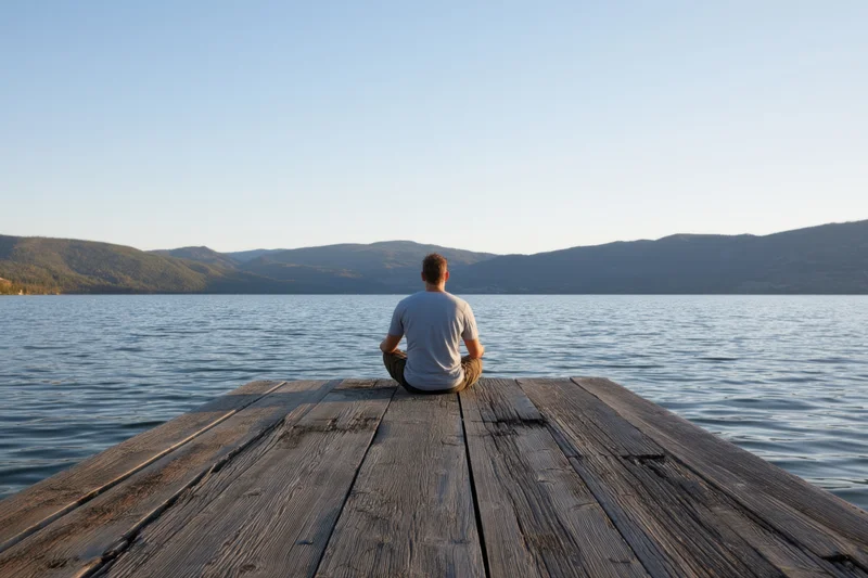 Man sitting cross-legged on wooden dock facing lake and mountains