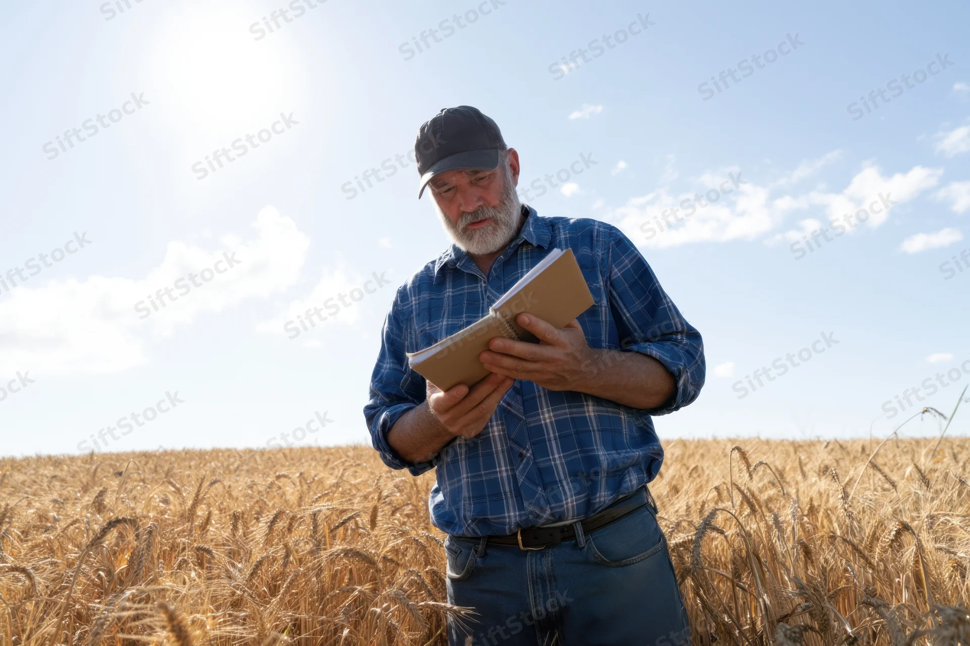 Senior man in blue plaid shirt and cap reading notebook while standing in golden wheat field