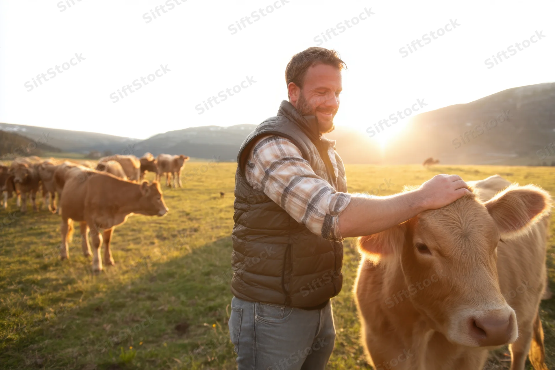 Man petting a cow in a sunlit pasture with a herd grazing in the background