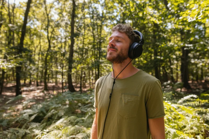 Man wearing headphones with eyes closed in a sunlit forest surrounded by trees and ferns