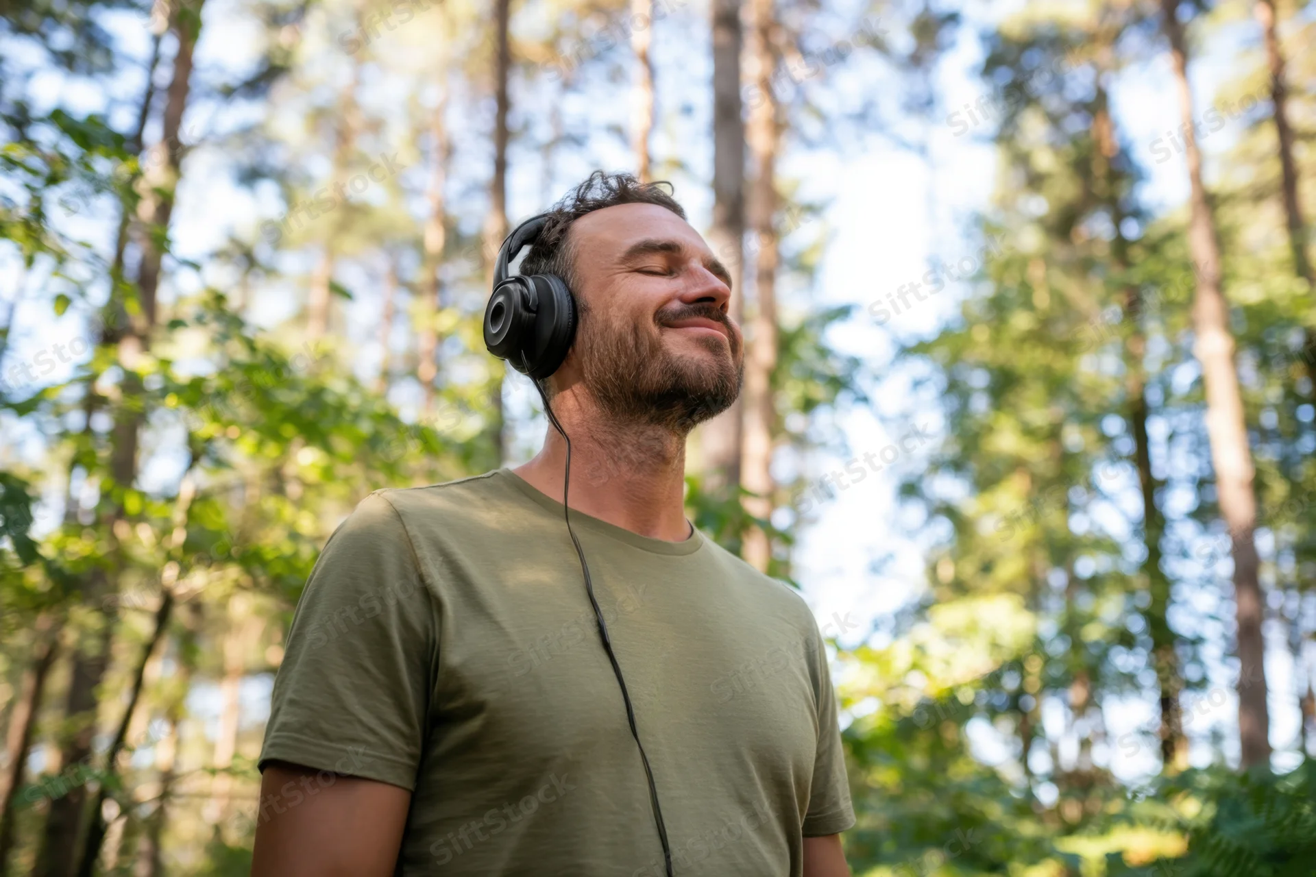 Man with headphones smiling in forest, eyes closed, enjoying music outdoors