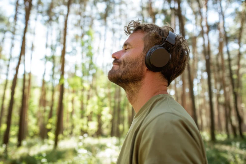 Man with headphones closed eyes in forest sunlight