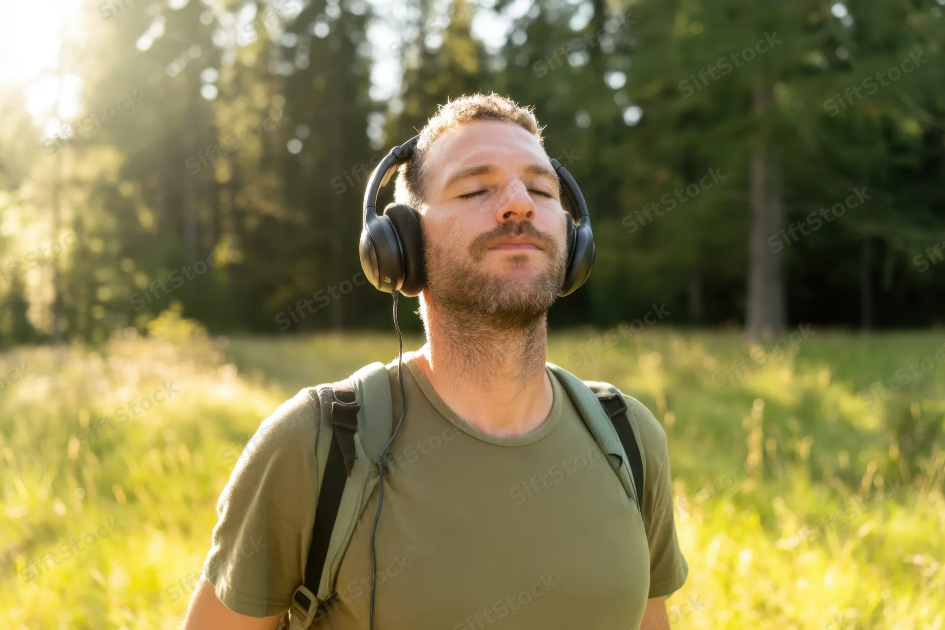 Man with headphones and backpack standing in a sunlit forest meadow with eyes closed
