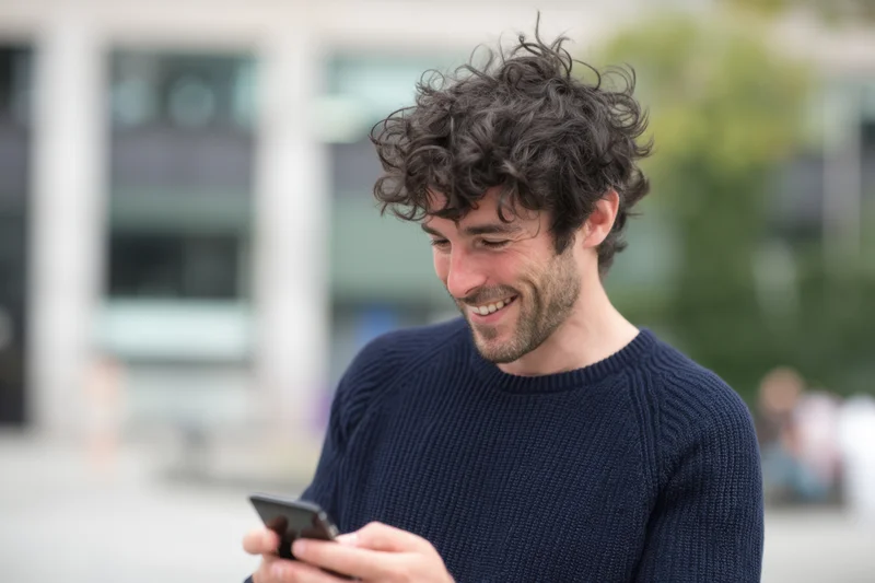 Man smiling while using smartphone outdoors in urban setting