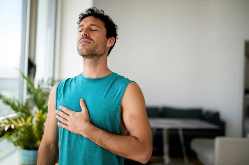Man meditating with hand on chest in living room near window