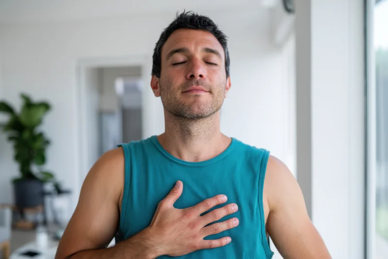 Man meditating with hand on chest in a bright home interior