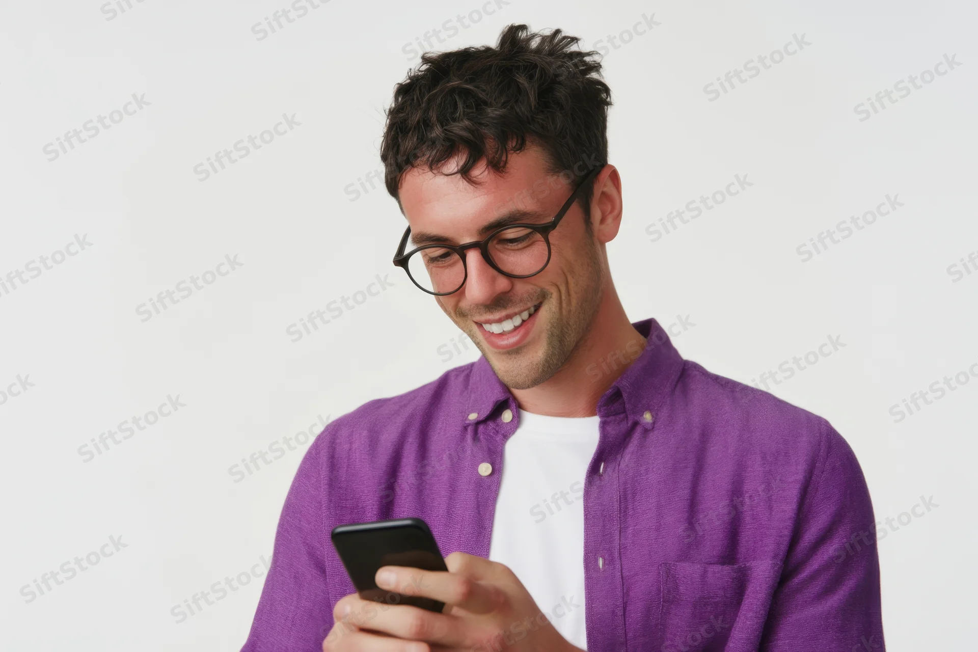 Smiling man in purple shirt holding smartphone against white background