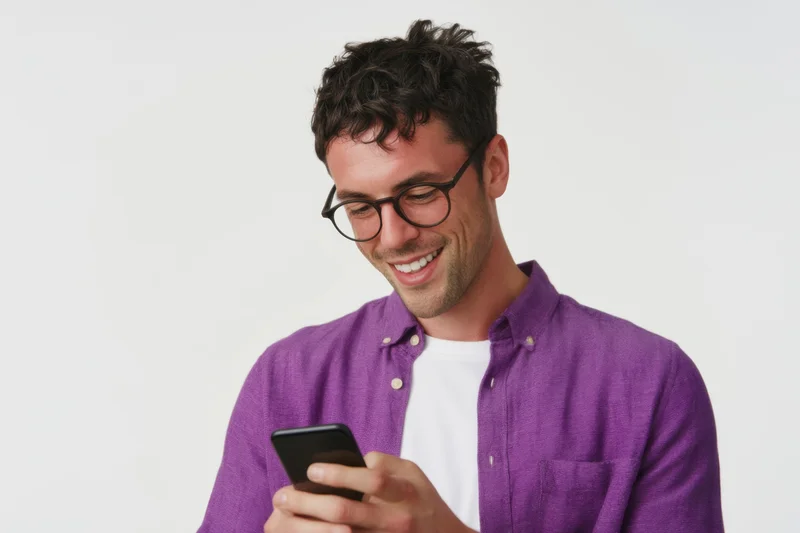 Smiling man in purple shirt holding smartphone against white background