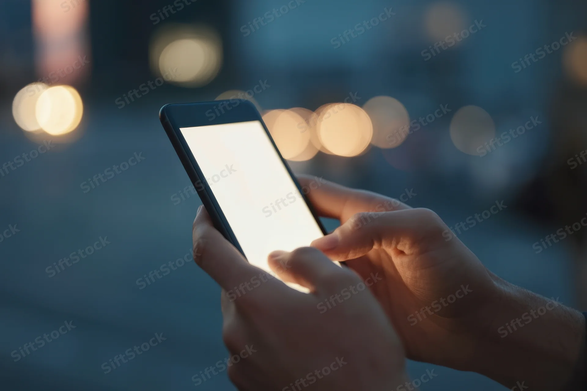 Hands holding smartphone with bright screen in urban outdoor setting at night