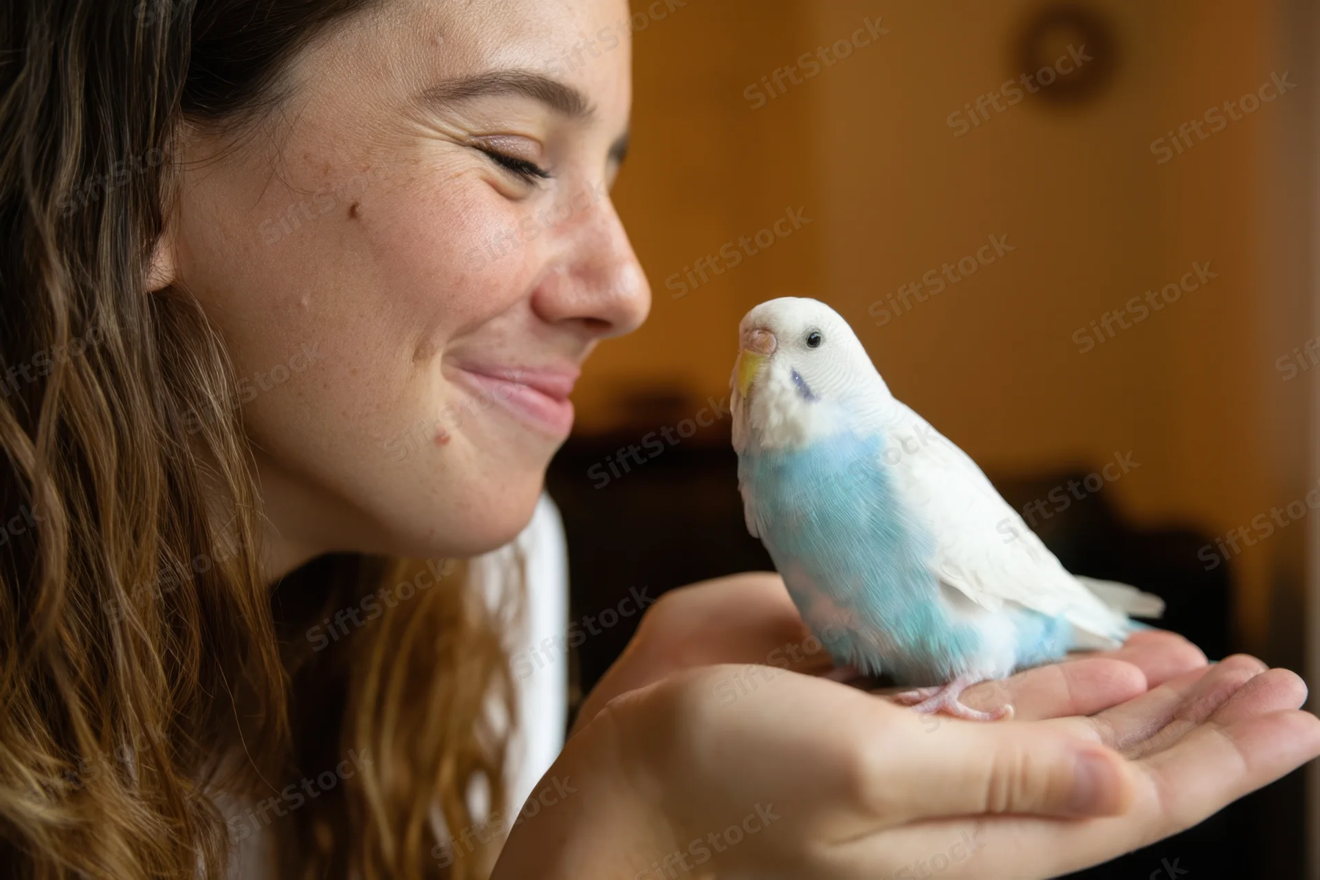 Woman smiling at a blue and white budgie perched on her hand indoors