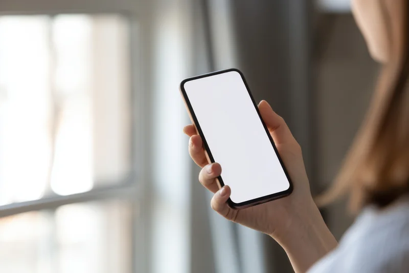 Woman holding smartphone with blank white screen near window indoors