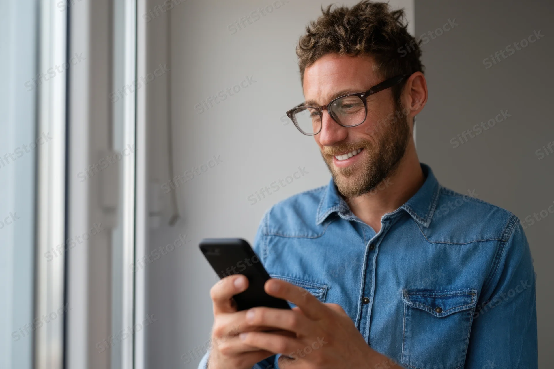 Man smiling while using smartphone by a window indoors