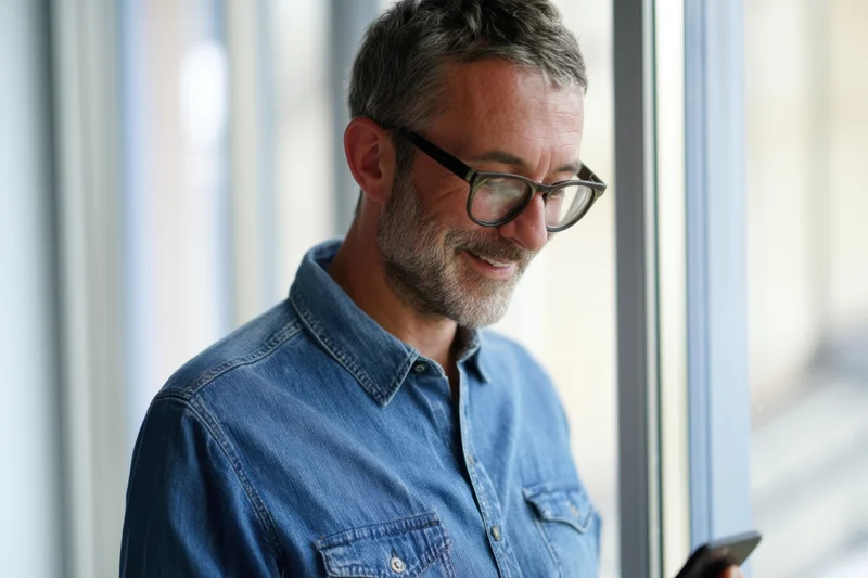 Middleaged man in blue denim shirt smiling while using smartphone by window