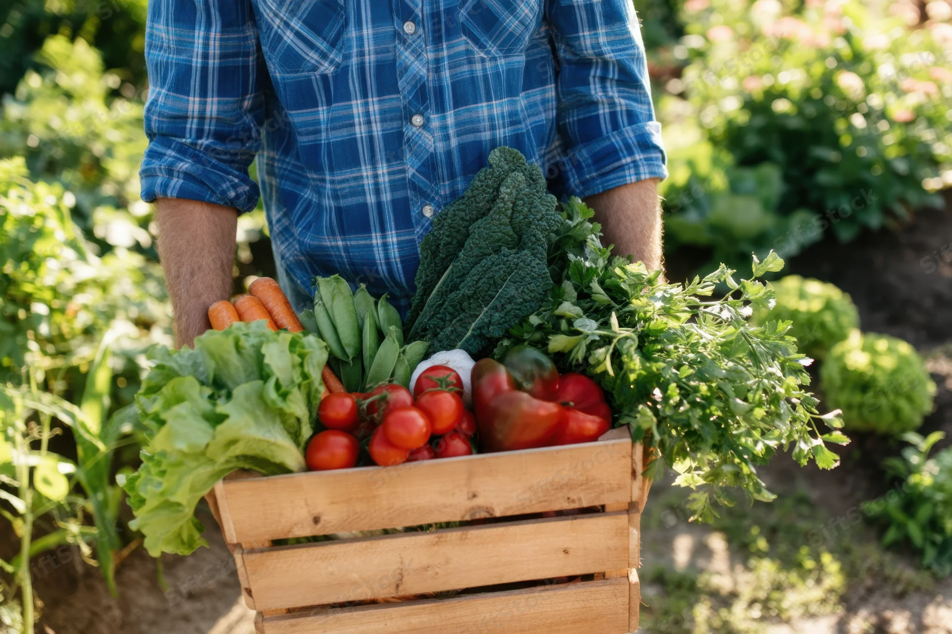 Man holding wooden crate filled with fresh vegetables in garden