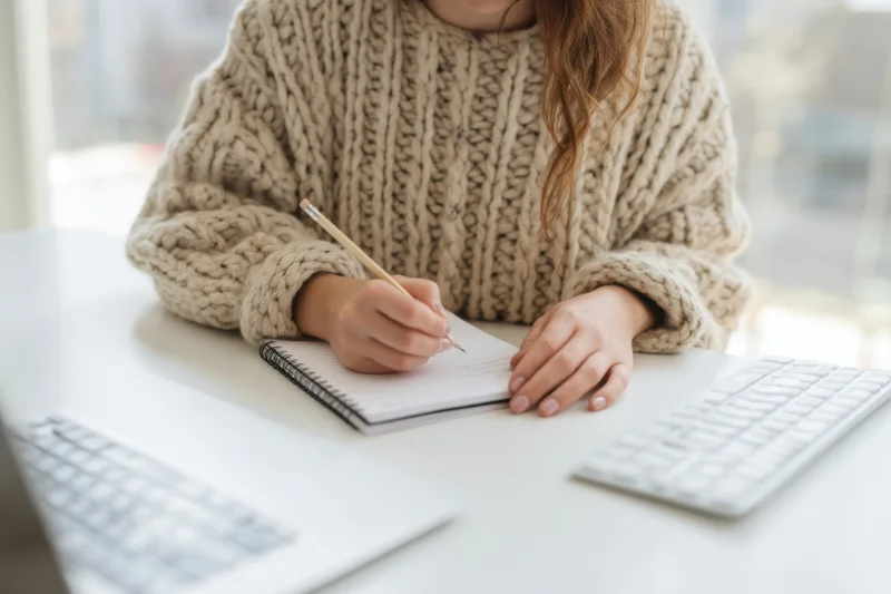 Woman writing in spiral notebook at desk with keyboard and laptop nearby
