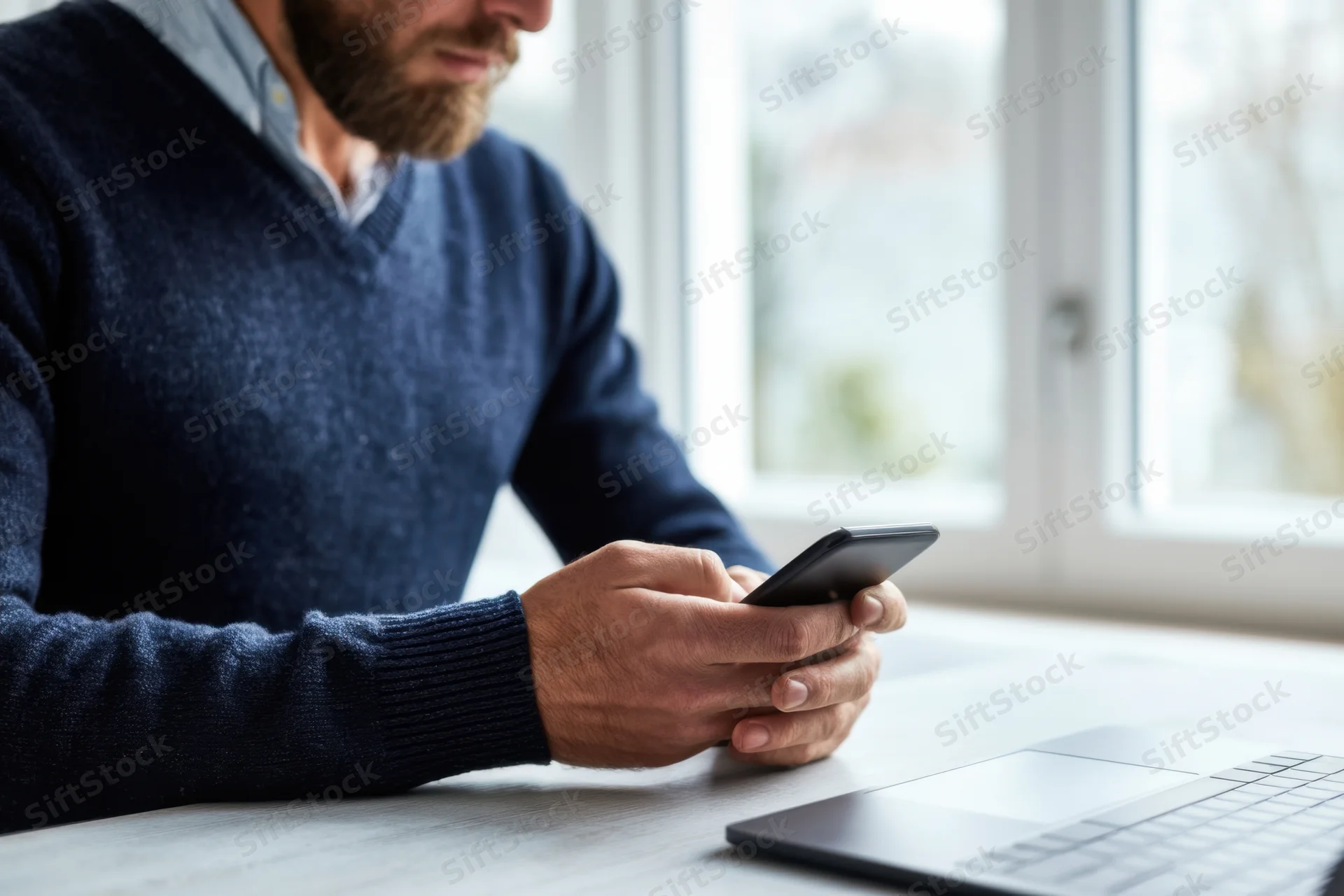 Man using smartphone at desk with laptop nearby in home office setting