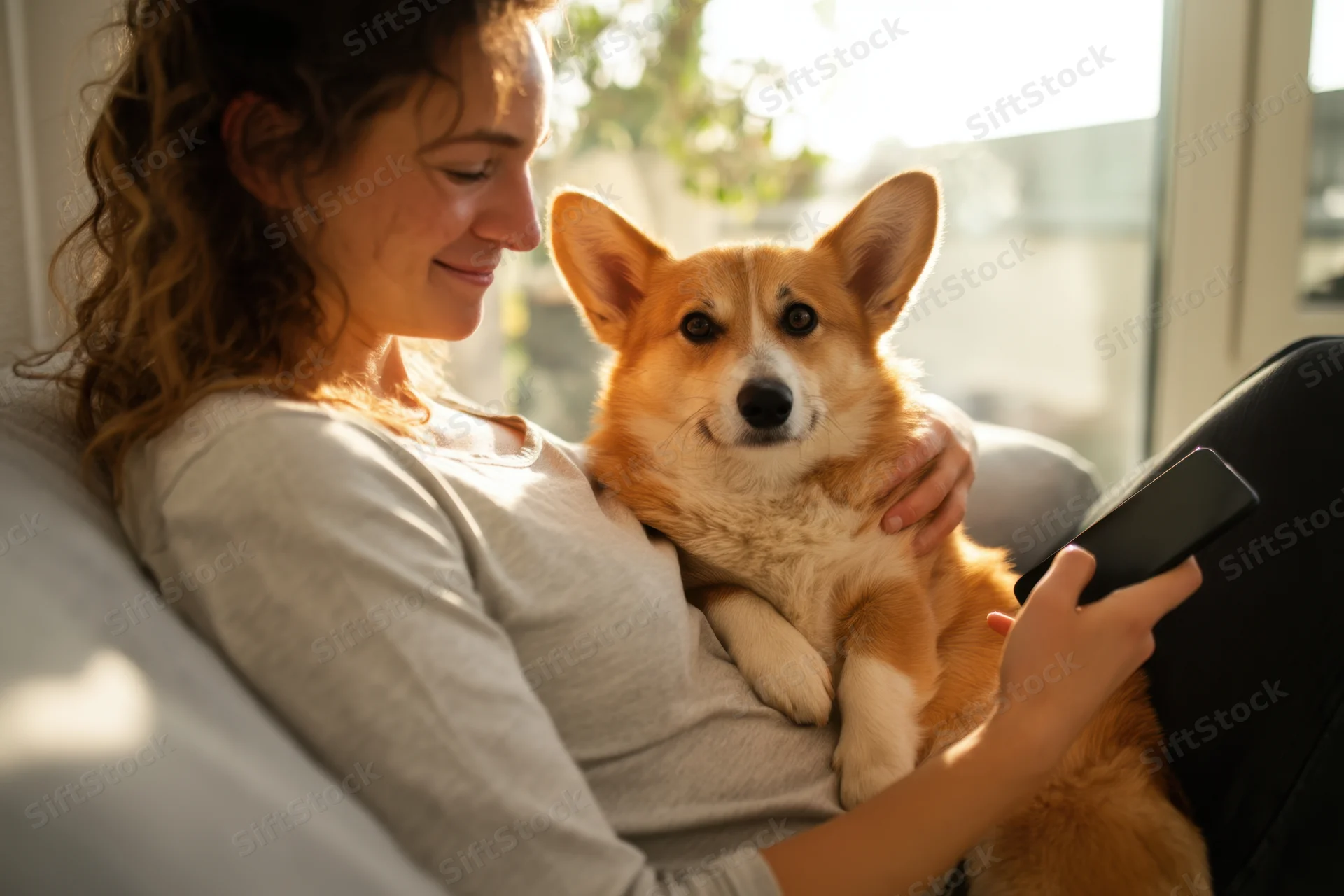 Woman cradling a corgi dog on her lap while holding a phone indoors in sunlight
