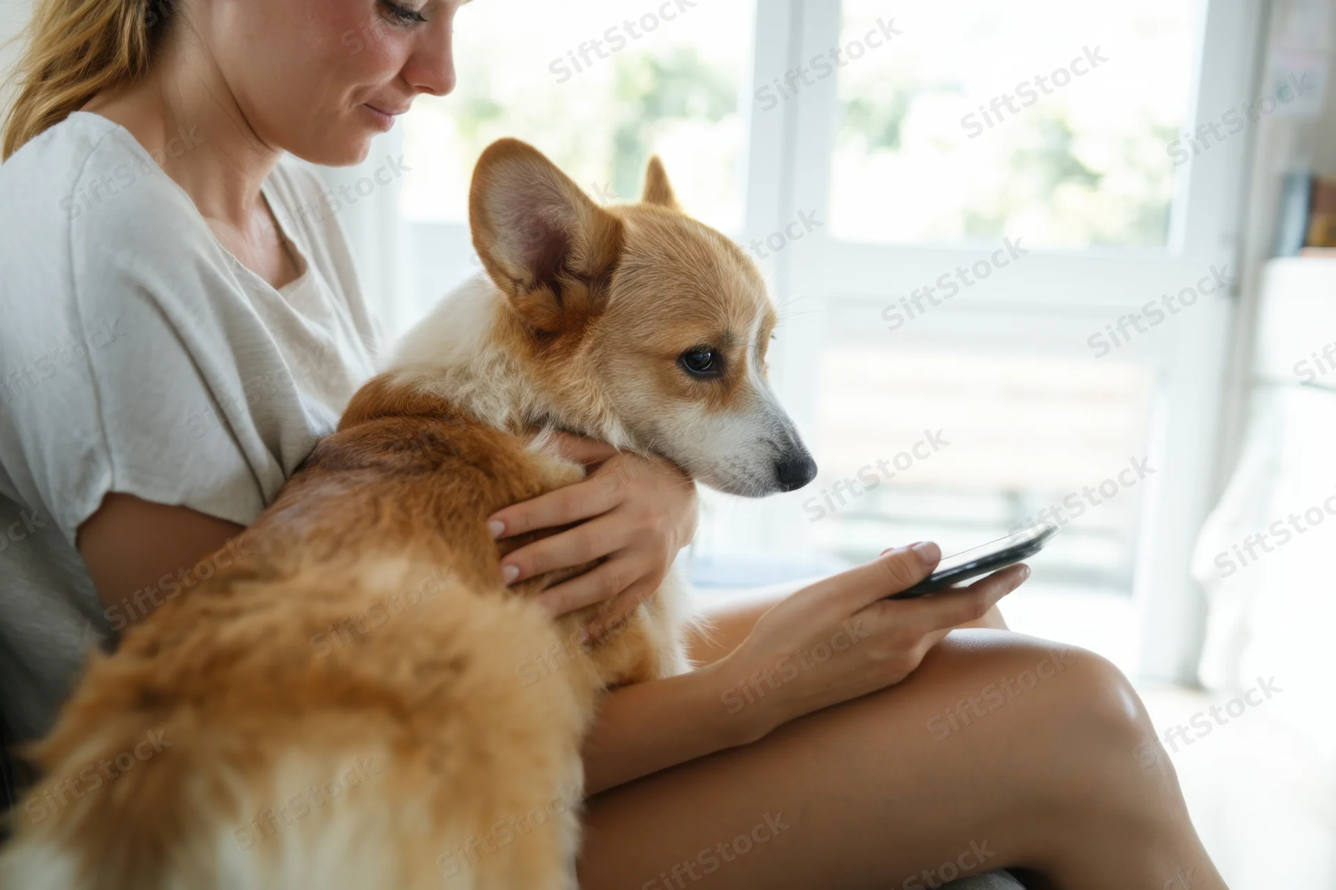 Woman sitting indoors cradling a chihuahua while using smartphone on her lap