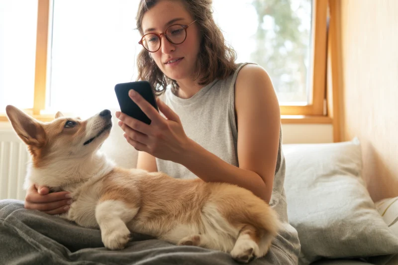 Woman sitting on bed cradling corgi dog while using smartphone in sunlit room