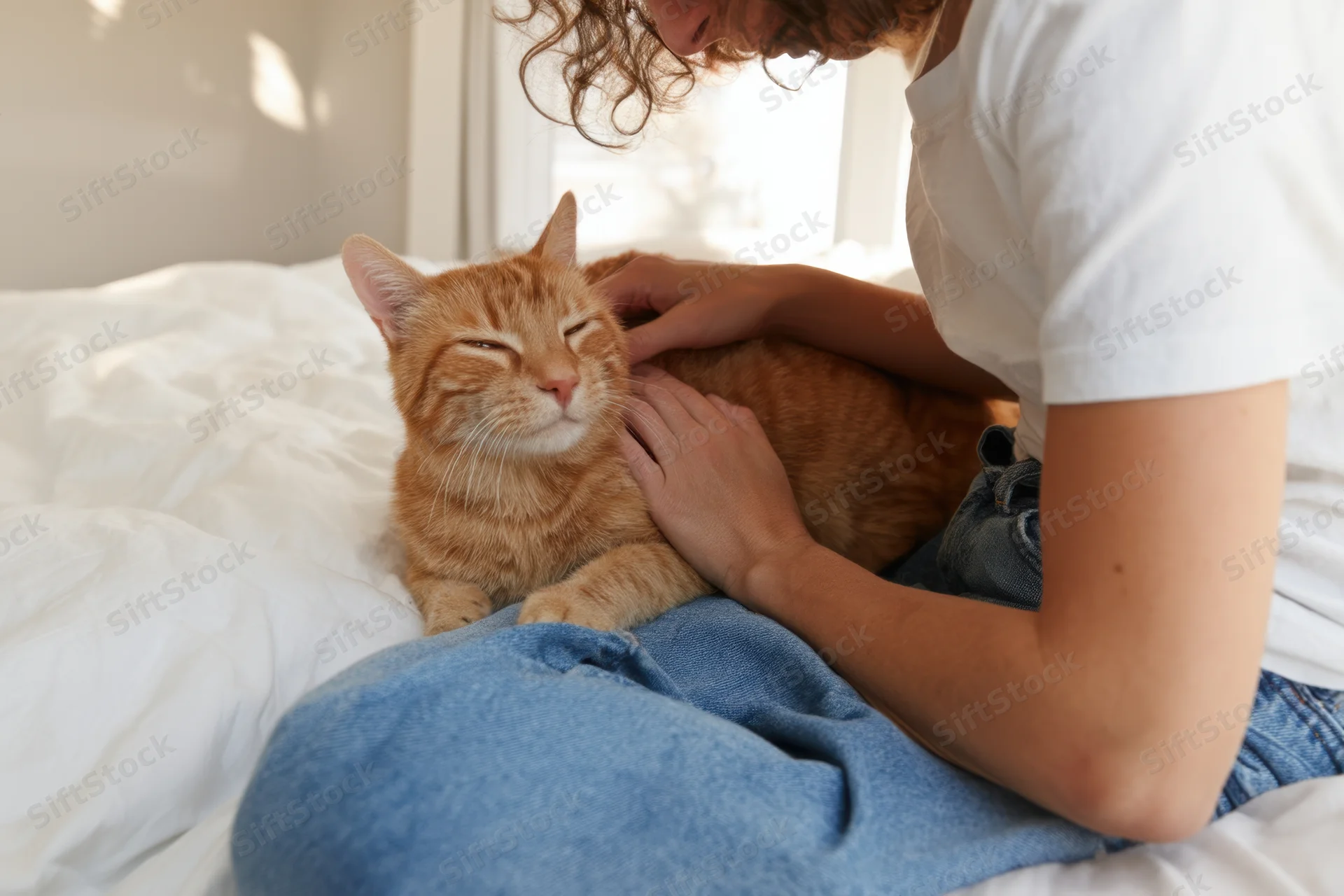 Woman gently stroking a ginger cat lying on a bed in a sunlit bedroom