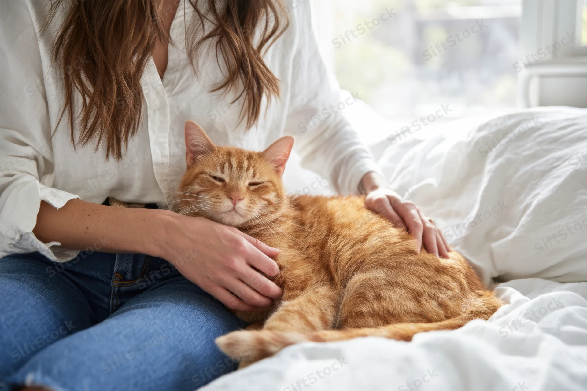 Woman gently stroking a ginger cat lying on a bed in a bright bedroom