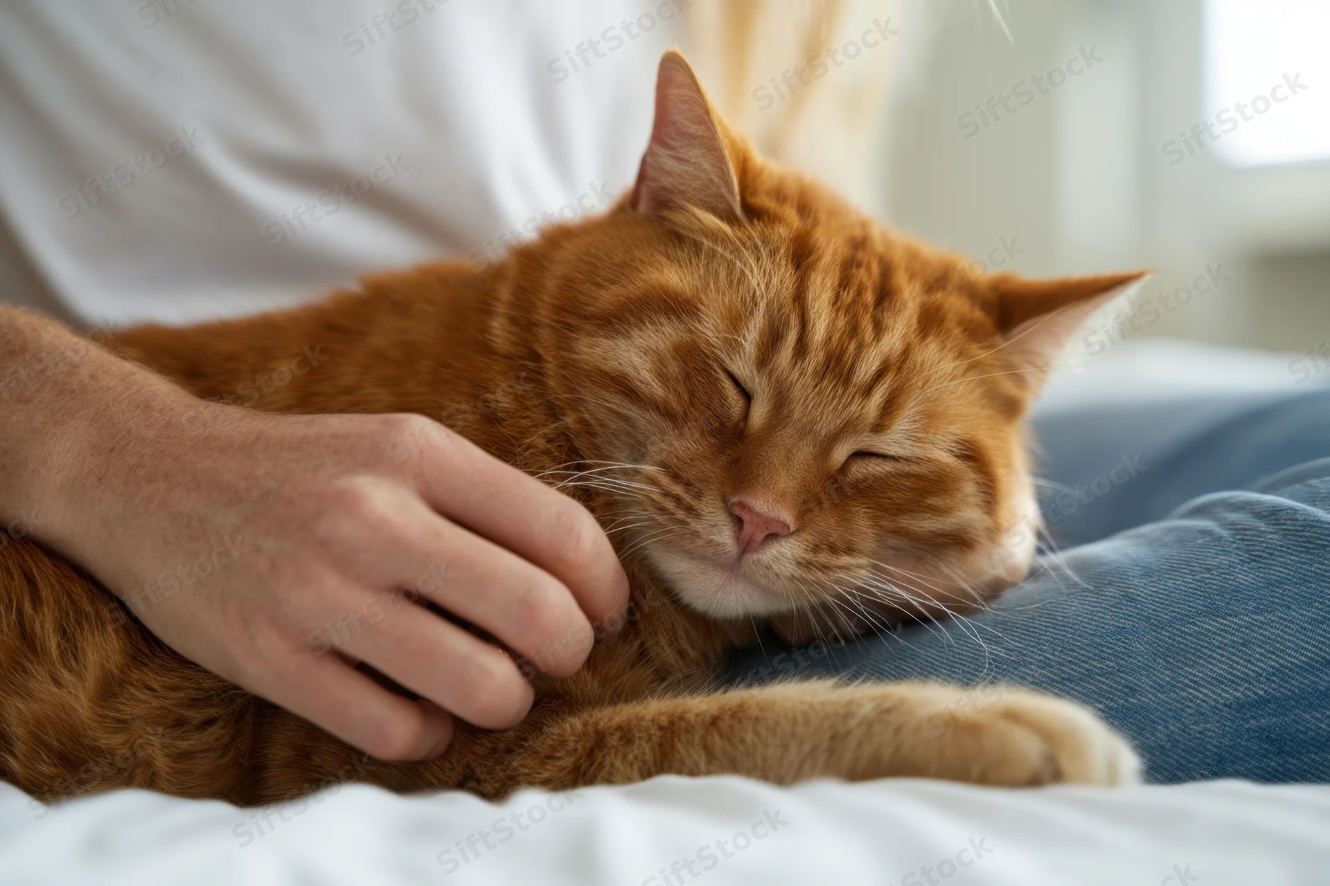 Ginger cat sleeping on a person's lap while being gently stroked with a hand on its back in a bedroom setting