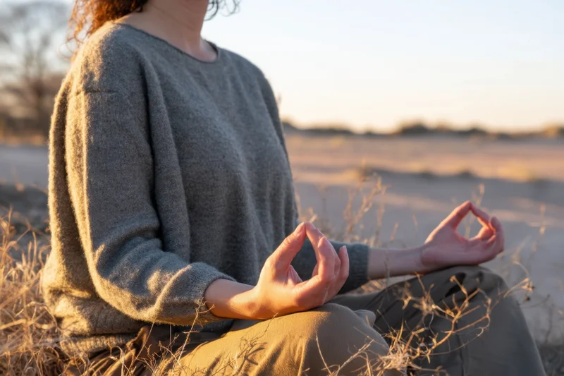 Woman meditating with hands in gyan mudra seated in a dry grass field at sunset
