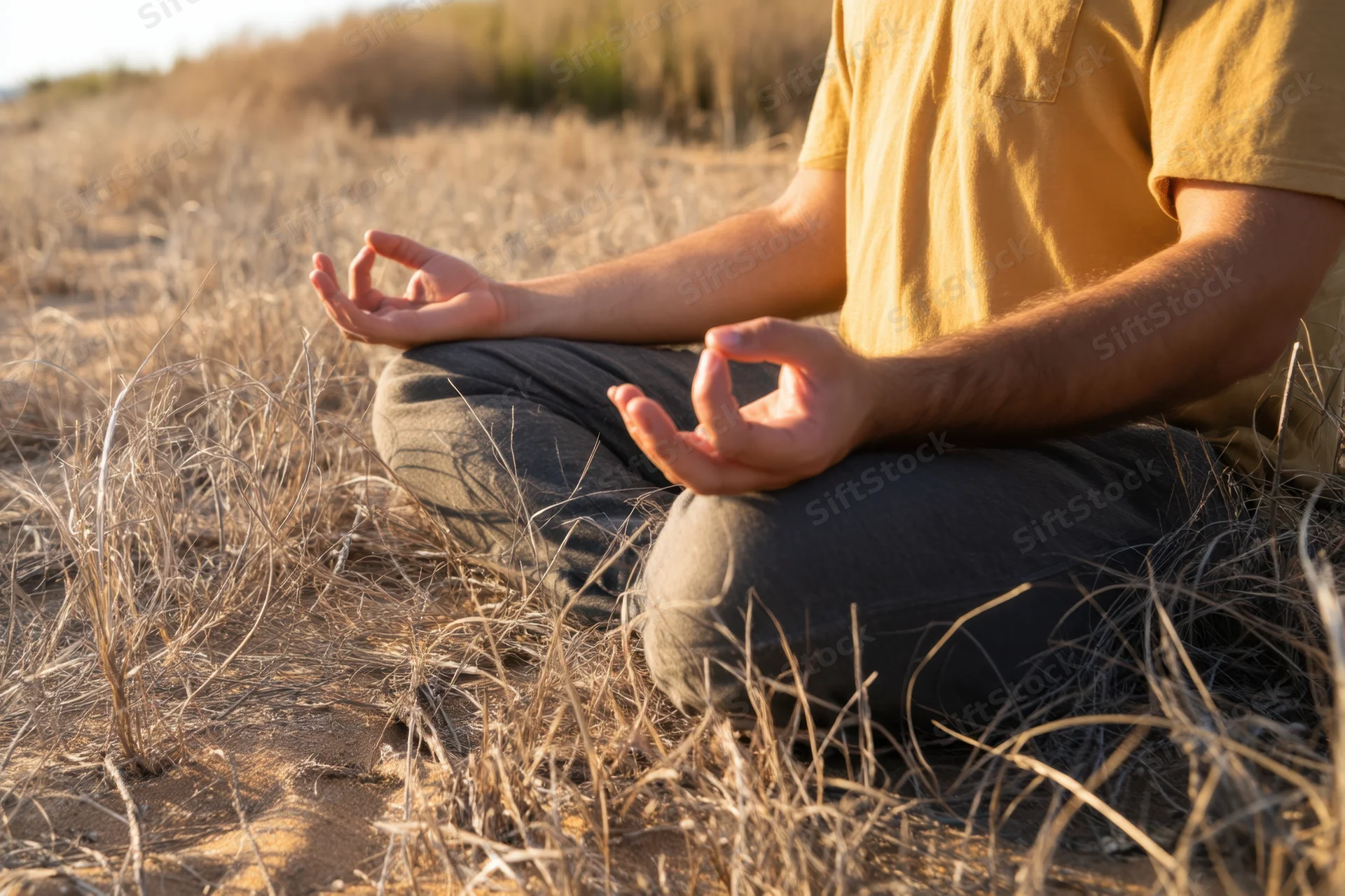 Man meditating cross-legged in dry grass field with hands in gyan mudra during golden hour