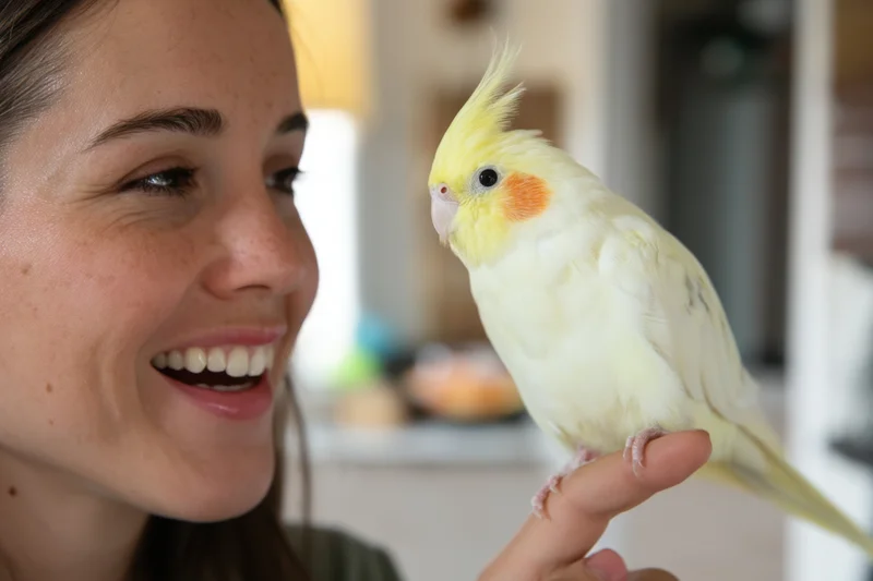 Woman smiling at a yellow cockatiel perched on her finger indoors