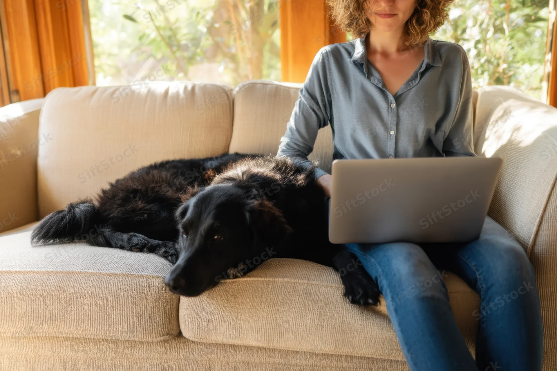 Woman working on laptop with dog resting beside her on beige sofa