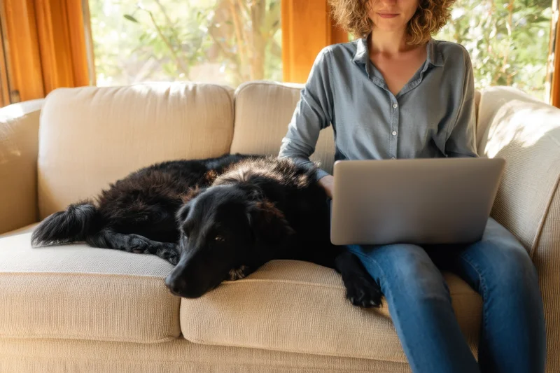 Woman working on laptop with dog resting beside her on beige sofa