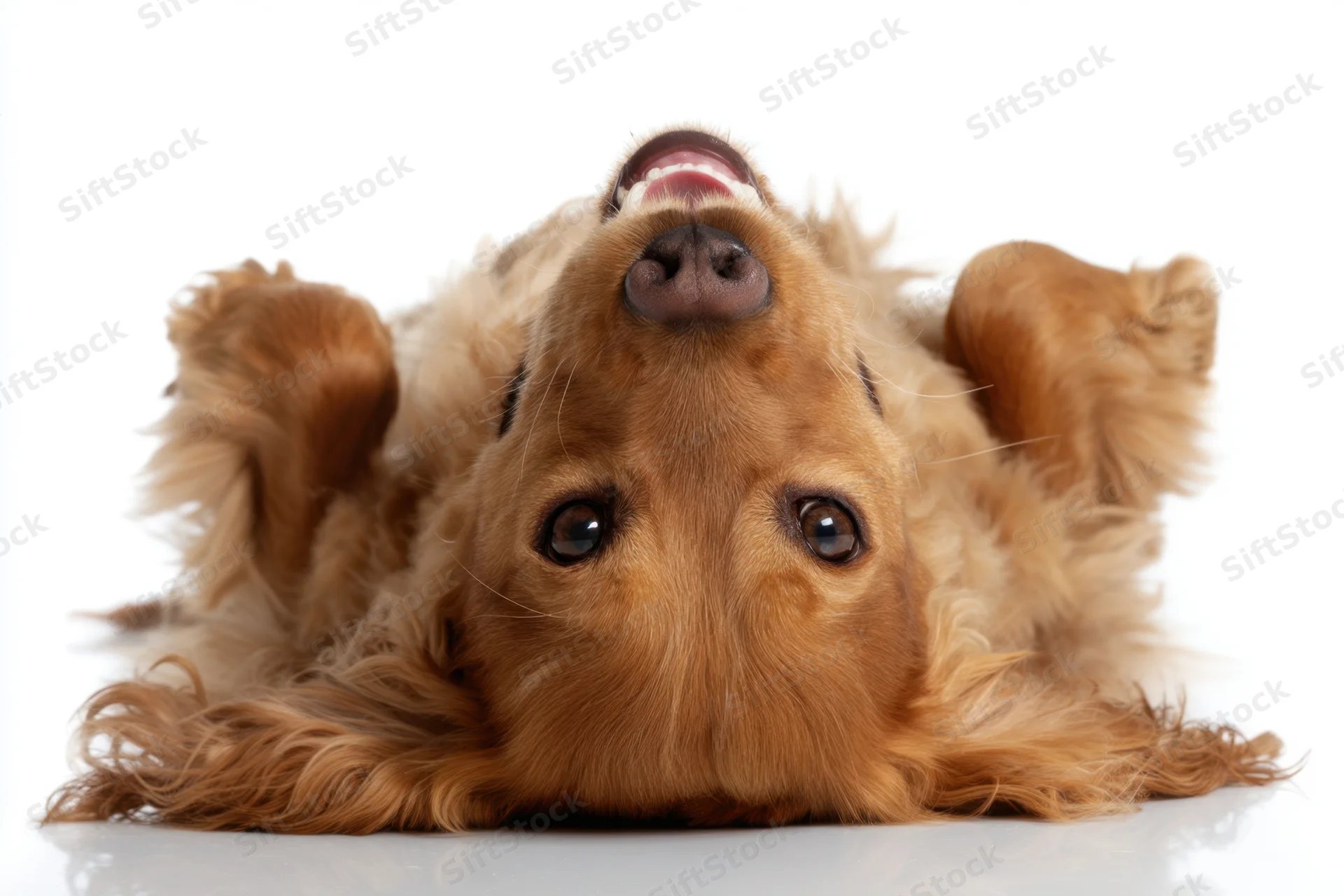Golden-brown spaniel lying on its back with floppy ears and paws in the air, head tilted up, mouth open, on white background