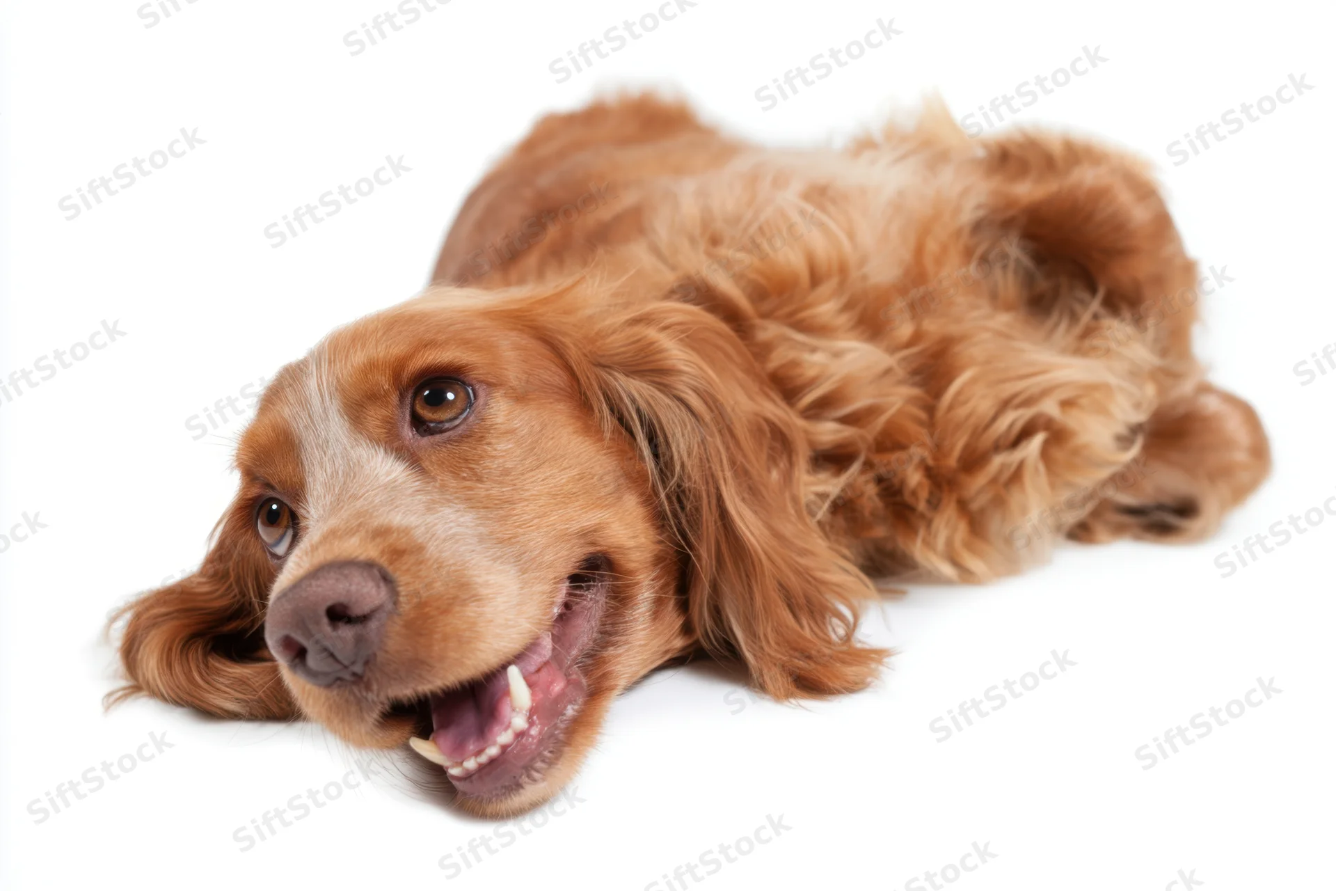 Golden-brown spaniel lying on its back with floppy ears and open mouth on white background