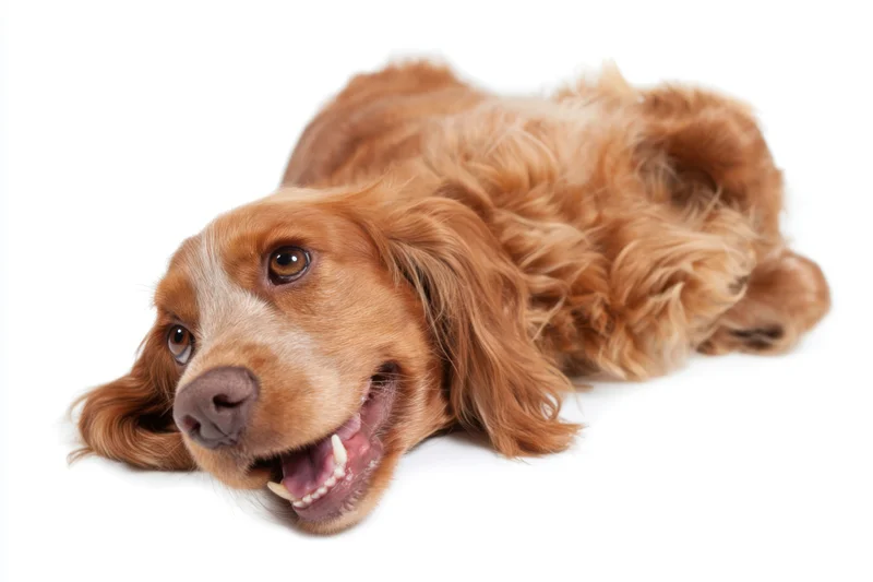 Golden-brown spaniel lying on its back with floppy ears and open mouth on white background