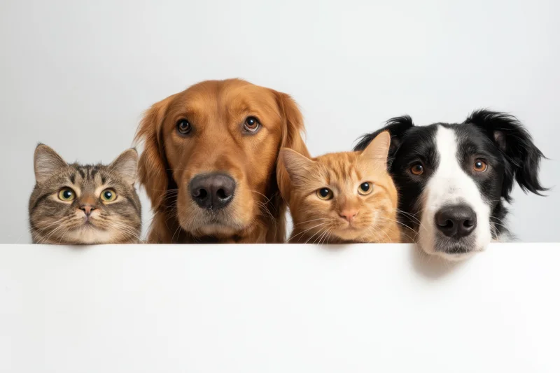 Four pets peeking over a white ledge in a studio setting