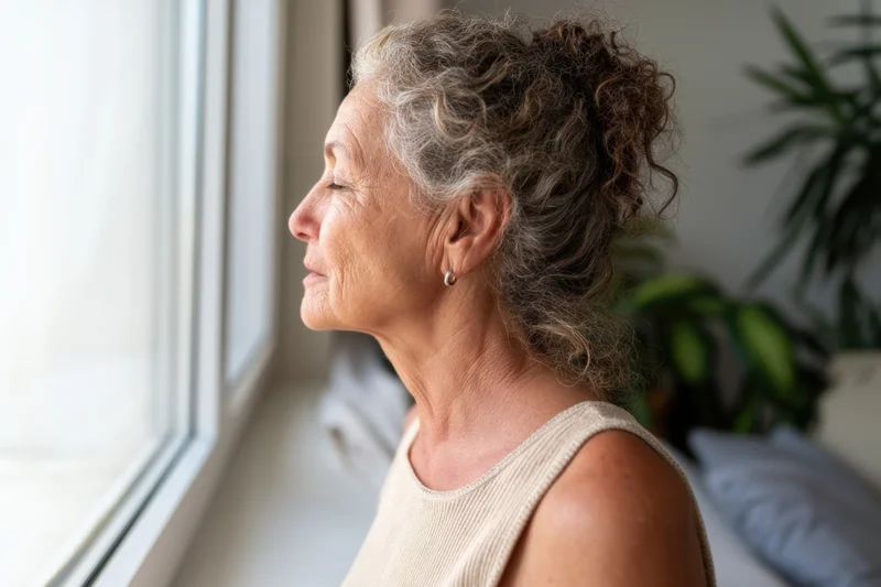 Senior woman in profile with eyes closed looking out window in bedroom