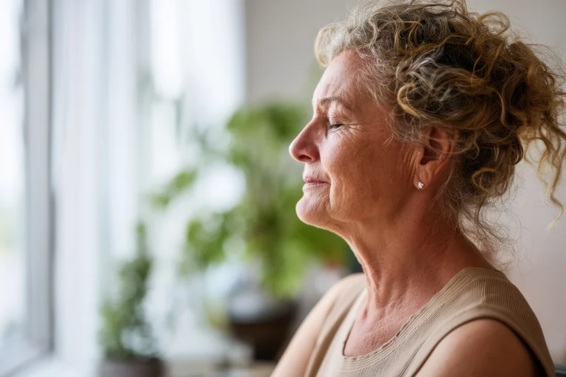Senior woman in profile with eyes closed sitting by window in home