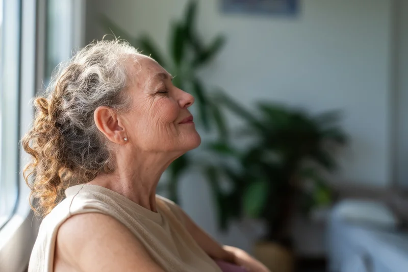 Senior woman with eyes closed smiling in profile by a window at home