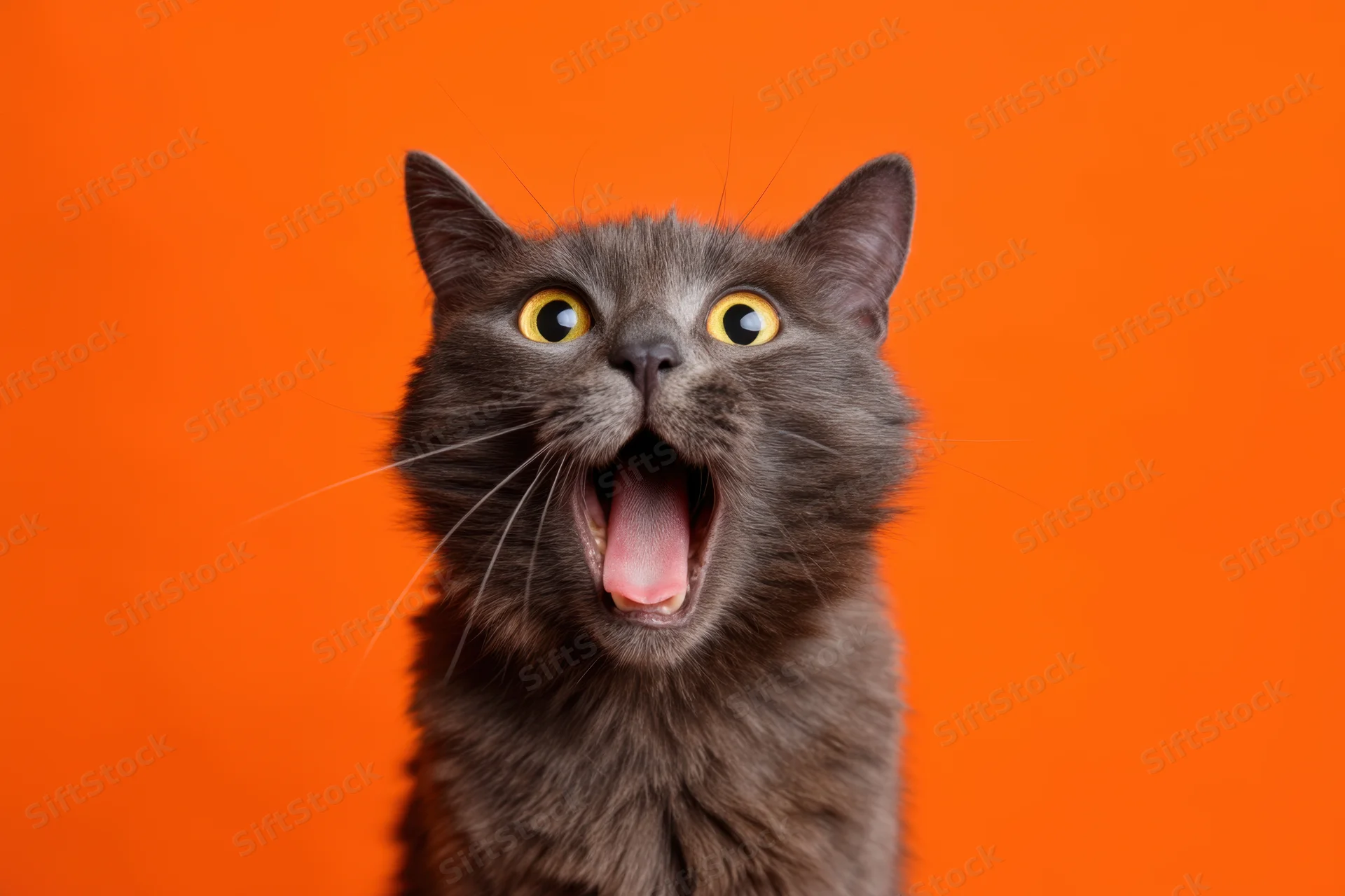 Gray cat with wide yellow eyes and open mouth against orange background