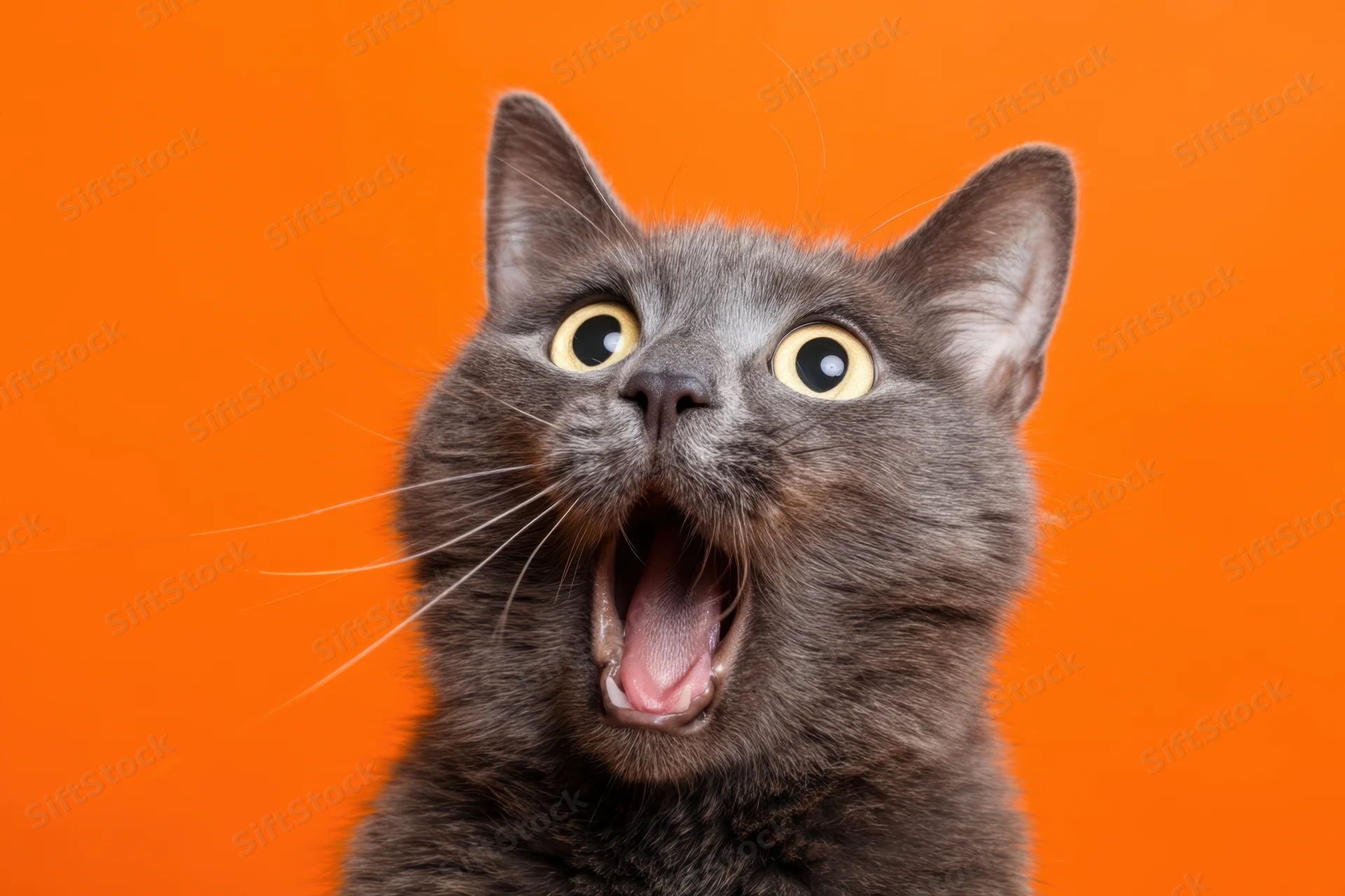 Gray cat with wide yellow eyes and open mouth against orange background