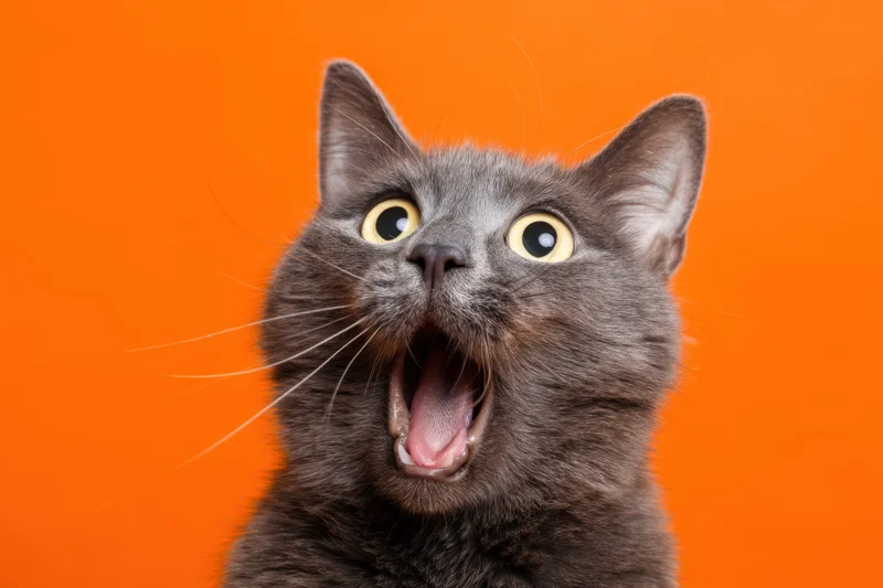 Gray cat with wide yellow eyes and open mouth against orange background
