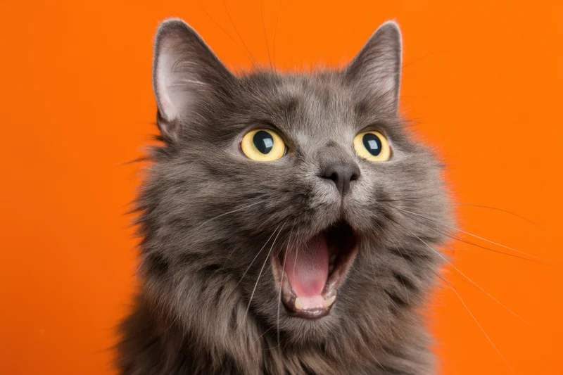 Gray cat with wide yellow eyes and open mouth against orange background