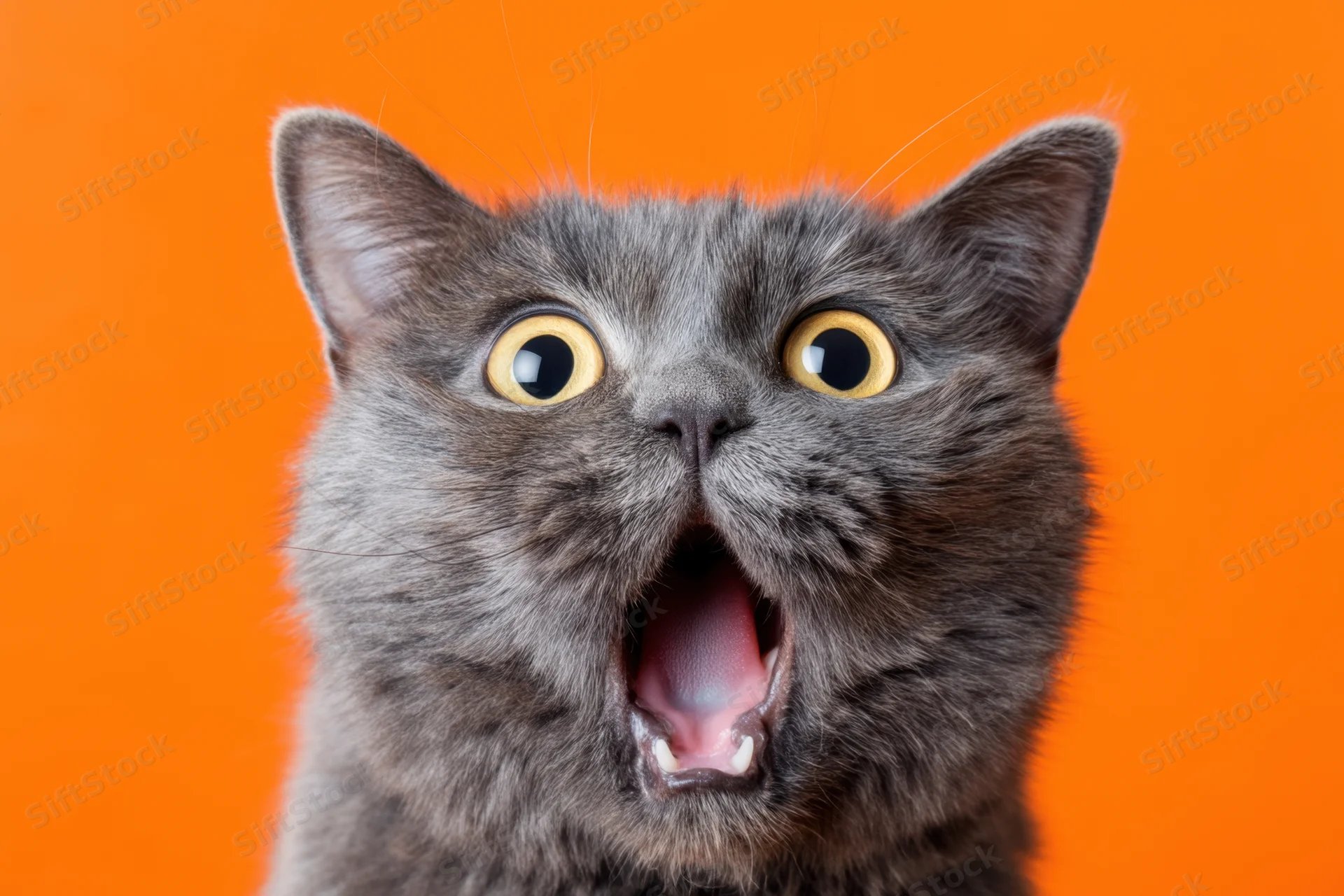 Gray cat with wide yellow eyes and open mouth against orange background