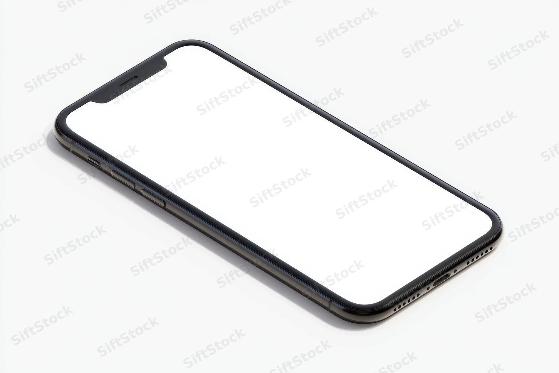 Black smartphone with white screen on white background, angled front view, isolated product mockup