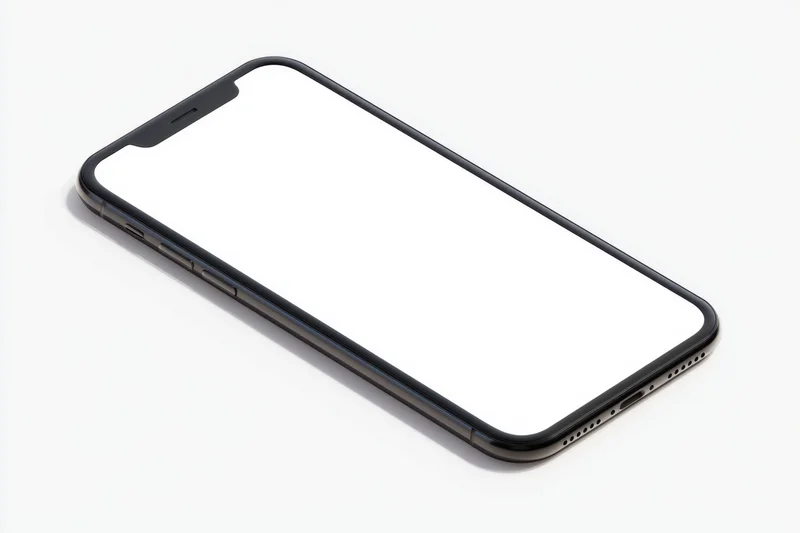 Black smartphone with white screen on white background, angled front view, isolated product mockup