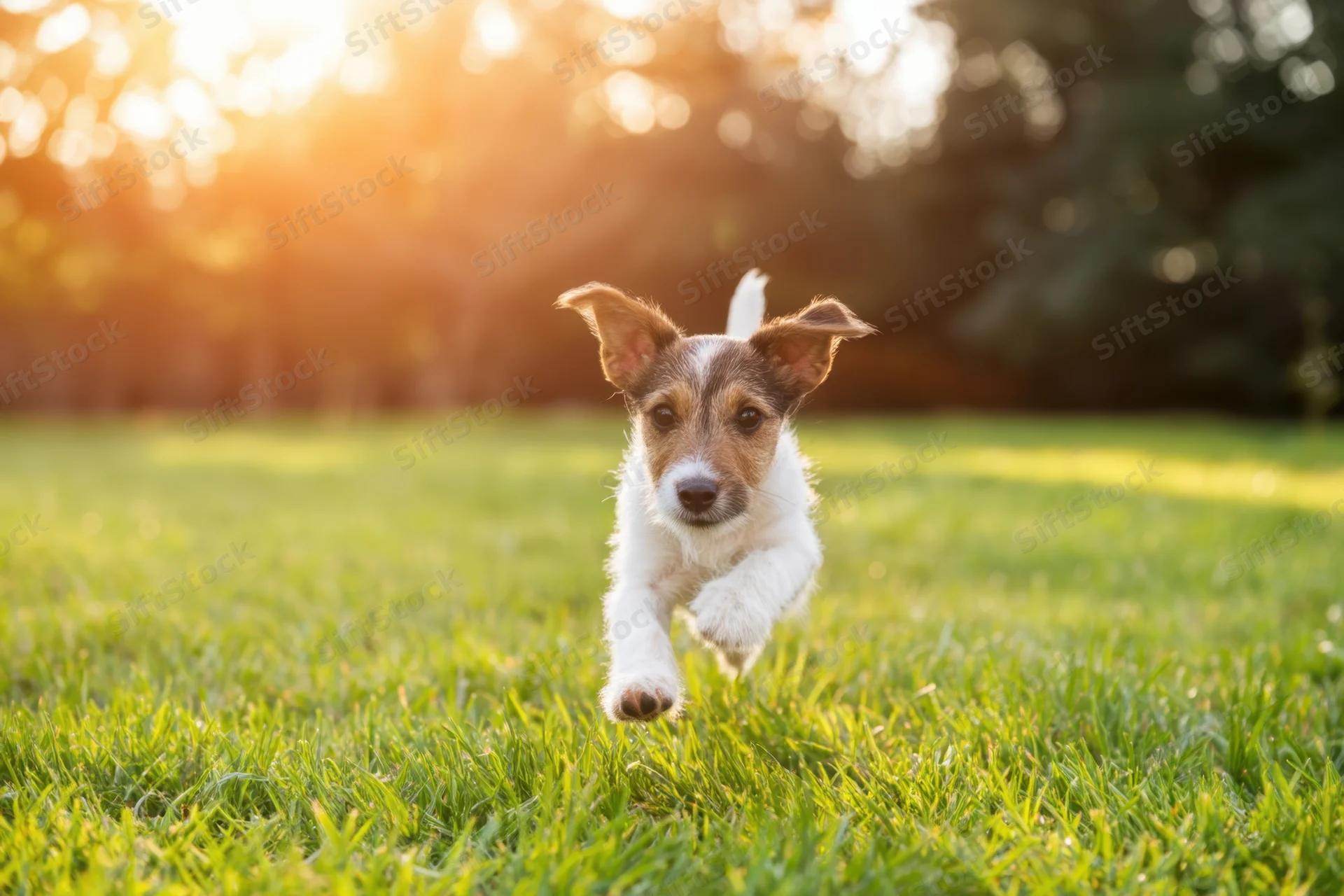 Jack russell puppy running across sunlit grass in a garden at golden hour