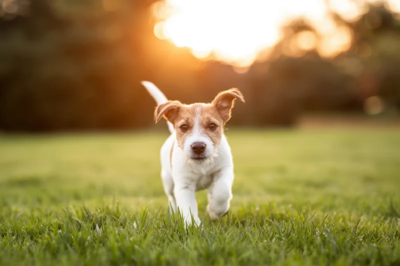 Jack russell puppy running across grass at sunset
